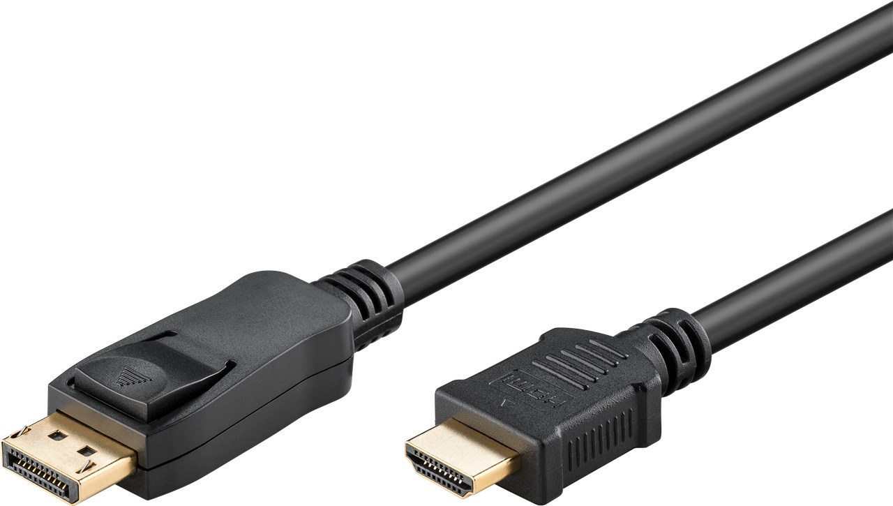 Ein schwarzes Kabel mit DisplayPort- und HDMI-Steckern.