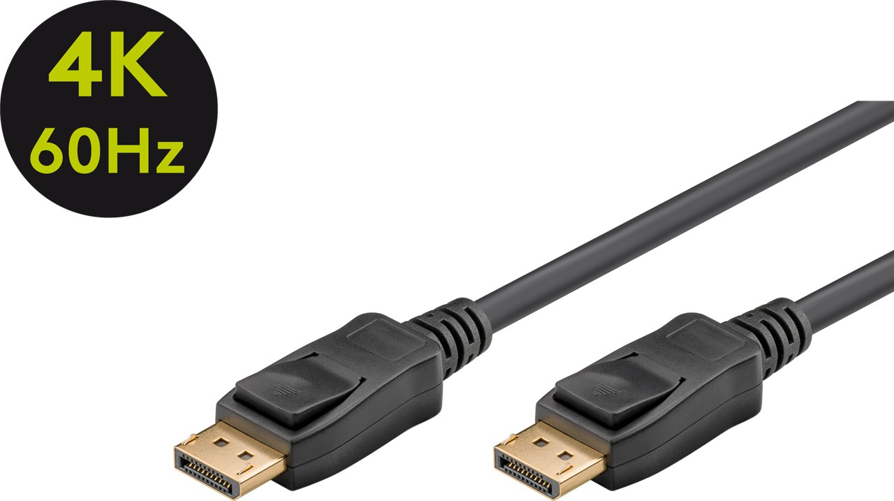 Ein schwarzes DisplayPort-Kabel mit goldenen Steckern und 4K 60Hz-Aufkleber.