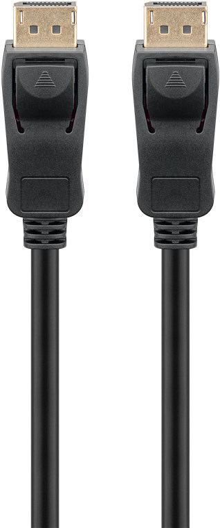 Zwei schwarze DisplayPort-Kabel mit goldenen Anschlüssen nebeneinander auf weißem Hintergrund.