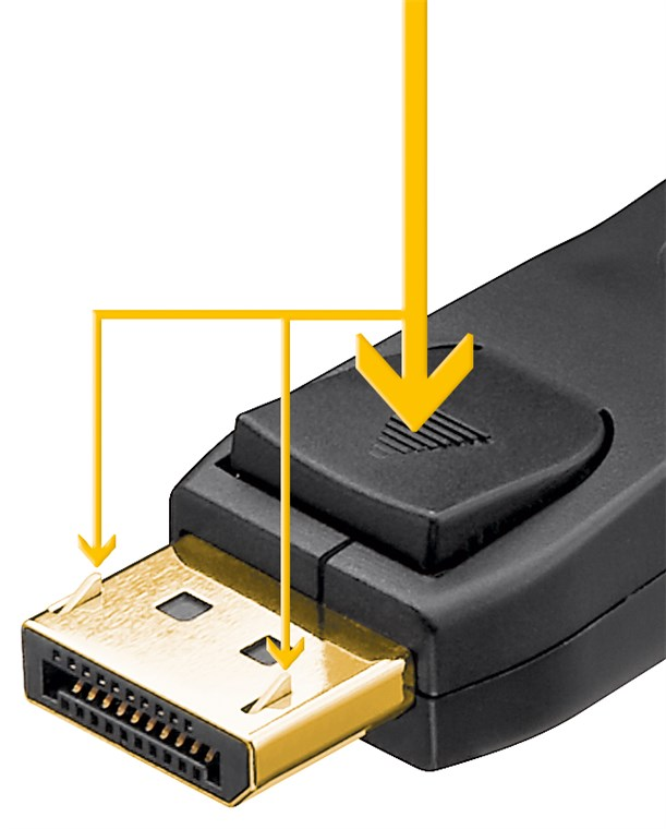Ein DisplayPort-Stecker mit goldenen Kontakten und Pfeilen, die auf die Verriegelungsmechanismen zeigen.