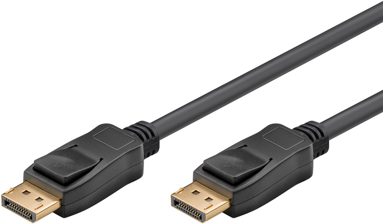 Ein schwarzes DisplayPort-Kabel mit zwei goldenen Steckern und einem Entriegelungsknopf.