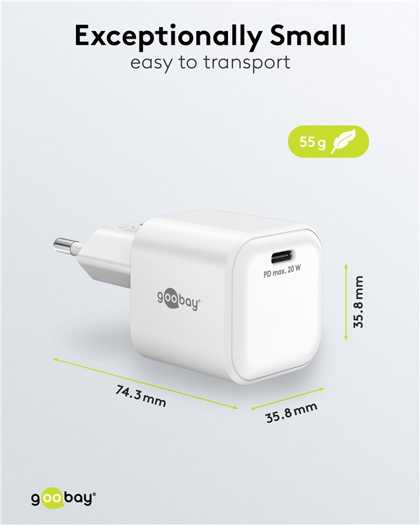Kompakter weißer Goobay Netzsteckeradapter mit USB-C, 74,3x35,8x35,8mm, 55g.