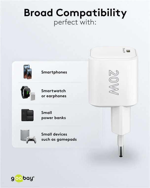 Weißes 20W Ladegerät mit Symbolen für Smartphones, Smartwatch, Kopfhörer, Powerbanks, Gamepads.