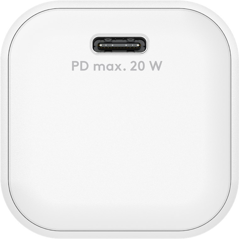 Ein weißer USB-C-Ladestecker mit PD max. 20 W.