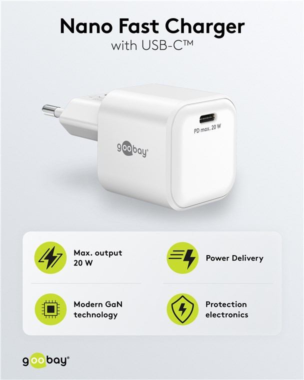 Weißer Nano-Schnellladegerät mit USB-C, 20W, GaN-Technologie und Schutz.