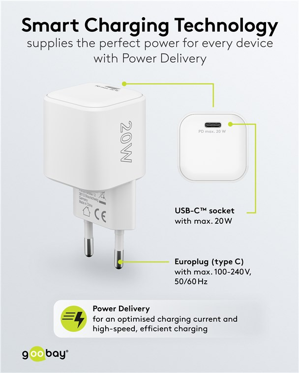 Weißer USB-C-Ladegerät mit 20W, Eurostecker und Power Delivery.