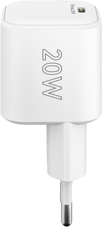 Ein weißer 20W Ladestecker mit einem USB-C-Anschluss oben.
