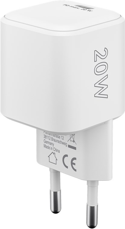 Weißer 20W USB-C-Netzadapter mit silbernen Stiften und deutscher Adresse.