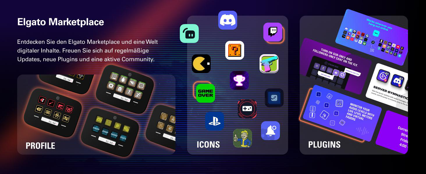 Elgato Marketplace: Profile, Icons und Plugins mit vielen App-Symbolen.