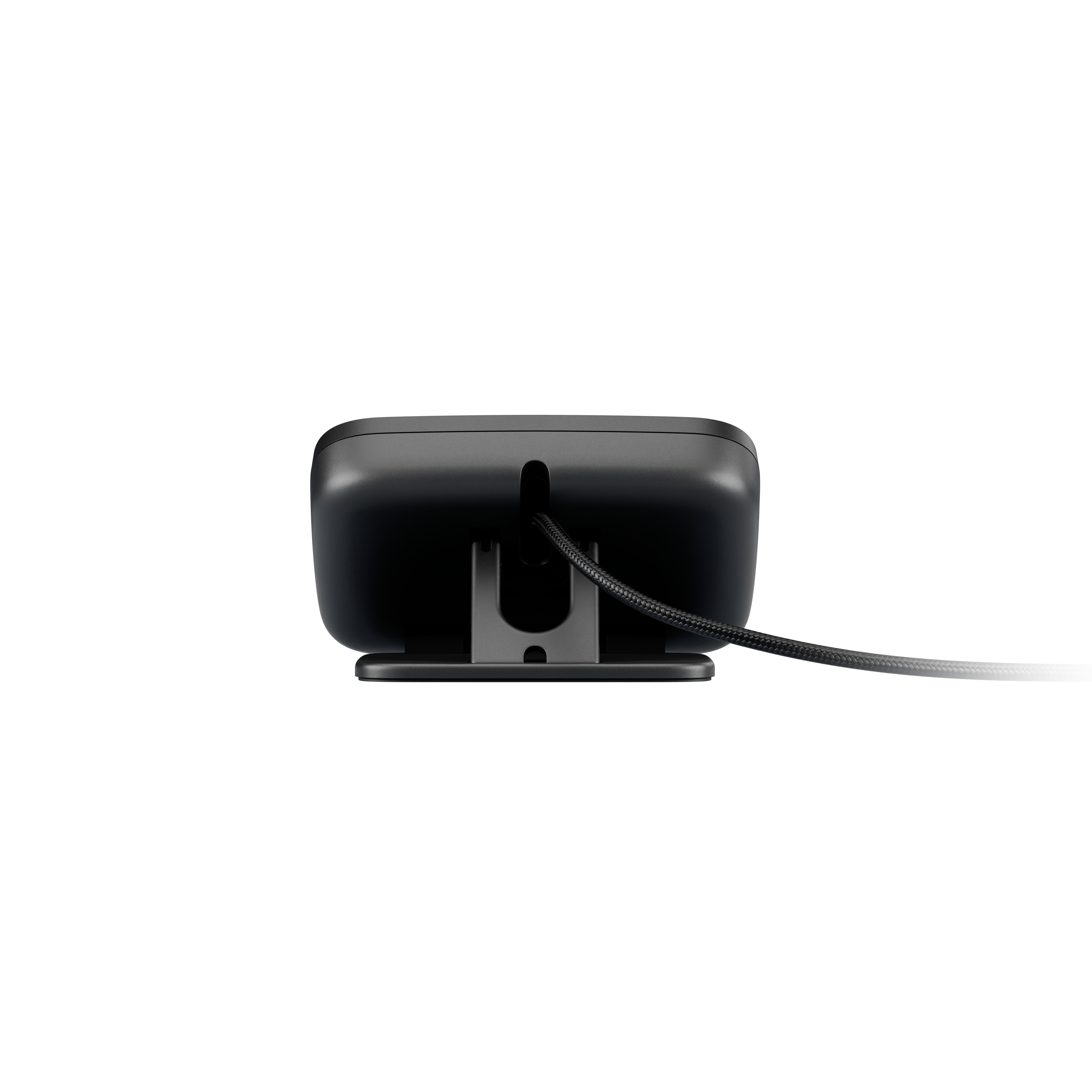 Rückansicht einer schwarzen Webcam mit Kabel und Ständer.