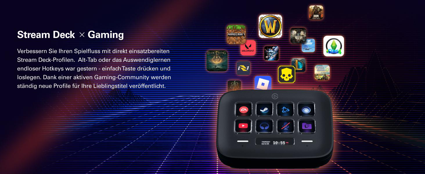 Stream Deck mit Gaming-Icons und Bedienelementen auf einem dunklen Hintergrund.