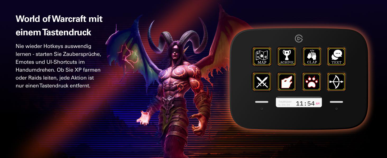 World of Warcraft-Werbung mit Dämonenfigur und Stream-Deck.
