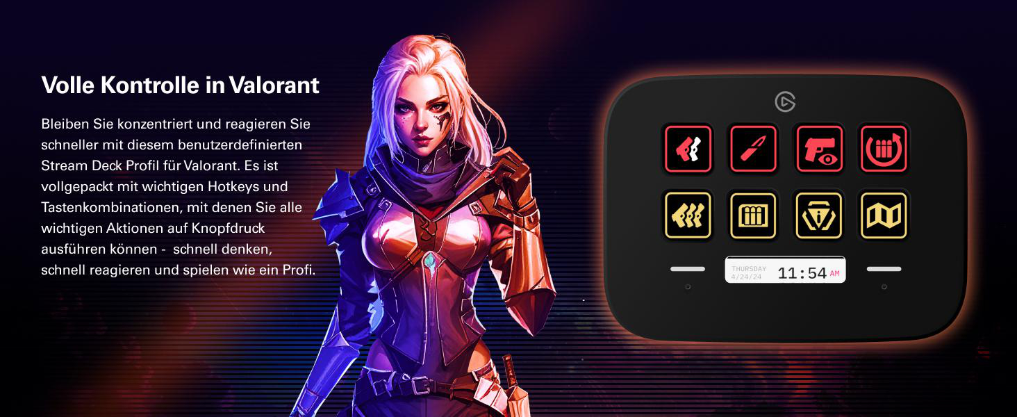 Valorant-Charakter neben Stream Deck mit Spiel-Icons und Uhrzeit.
