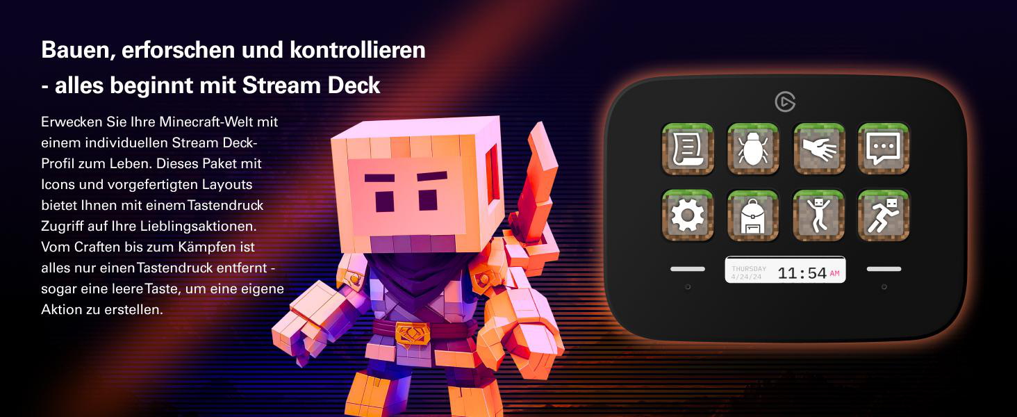 Minecraft-Figur neben Stream Deck mit Minecraft-Icons und Uhrzeit.