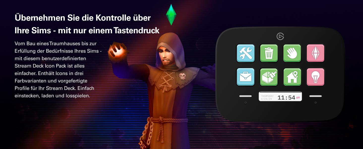 Ein Sims-Charakter mit Kapuze hält eine leuchtende Kugel, daneben ein Stream Deck mit Icons.