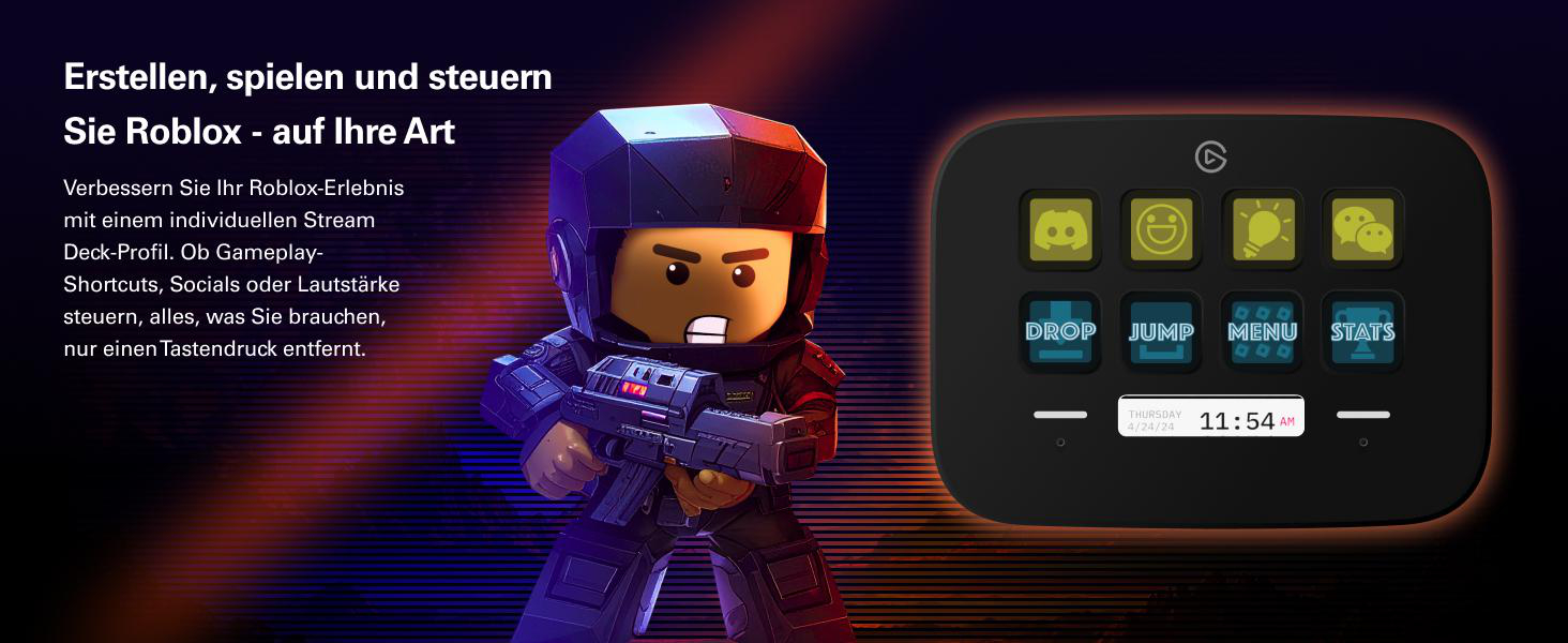 Roblox-Figur und Stream Deck mit Spielsymbolen. Erstellt, spielt und steuert Roblox.