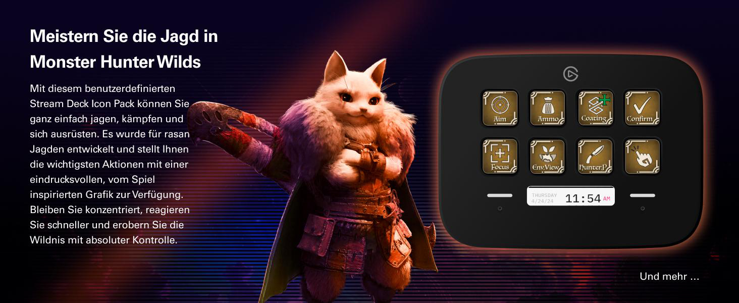 Ein Monster Hunter Wilds Charakter mit Stream Deck Icons und Text.
