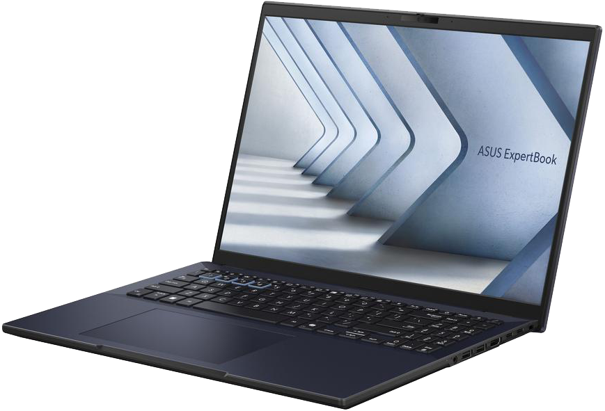 Egy sötétkék ASUS ExpertBook laptop nyitva van, modern geometrikus háttérképet mutatva a képernyőjén.