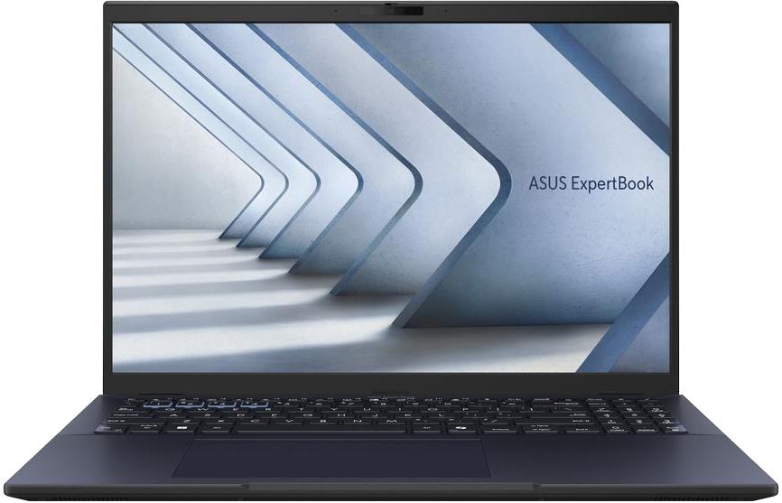 Sötét ASUS ExpertBook laptop billentyűzettel és világos háttérképpel.
