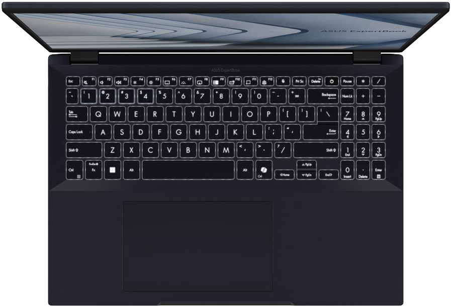 Egy nyitott, sötét laptop, háttérvilágítású billentyűzettel és touchpad-del.