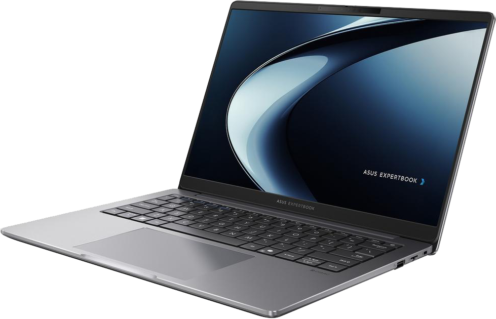Egy ezüst színű ASUS ExpertBook laptop nyitva van, szögben, absztrakt kék és fekete háttérképpel a képernyőjén.
