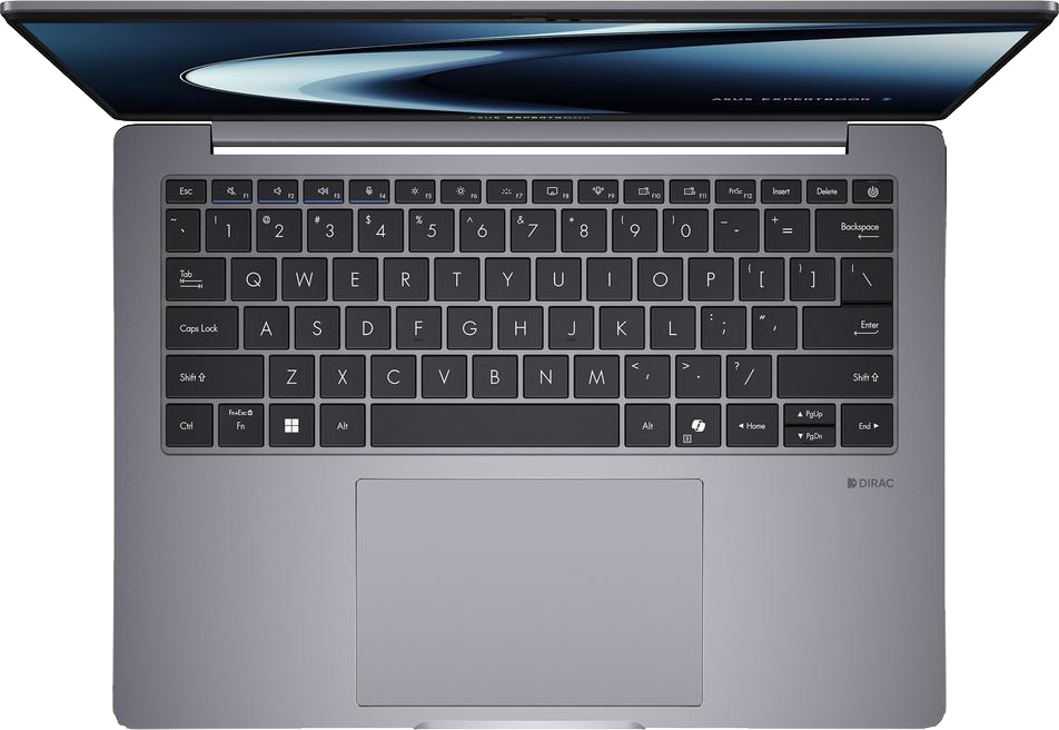 Szürke laptop felülnézetben, billentyűzet és absztrakt művészetet ábrázoló képernyő.