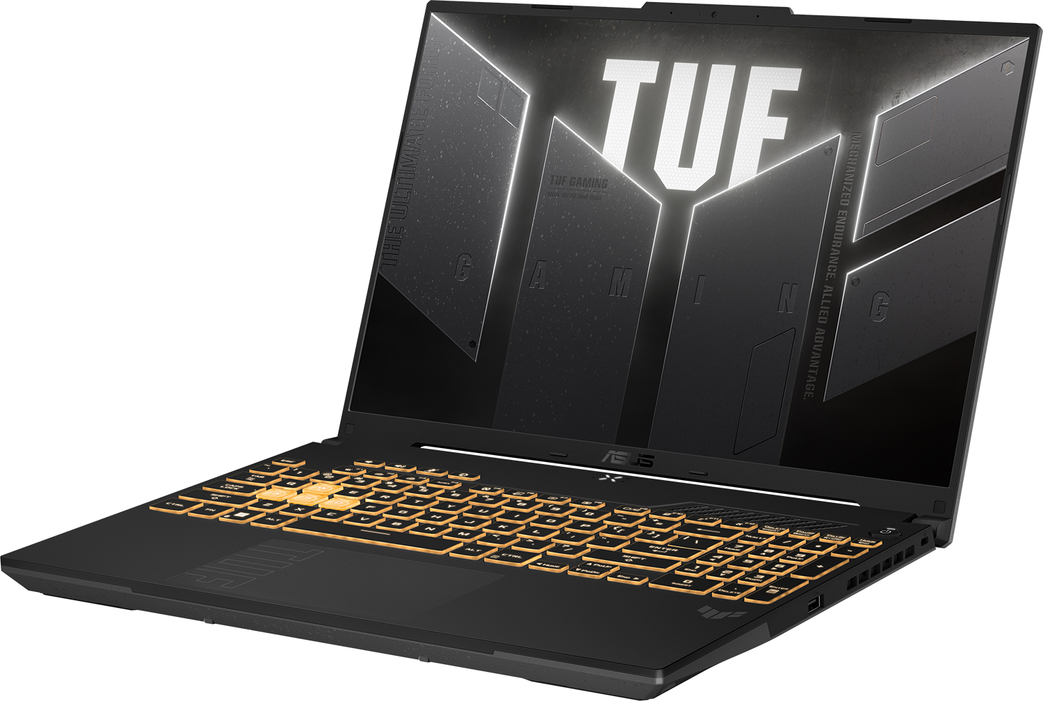 Fekete laptop megvilágított sárga billentyűzettel és TUF logóval a képernyőn.