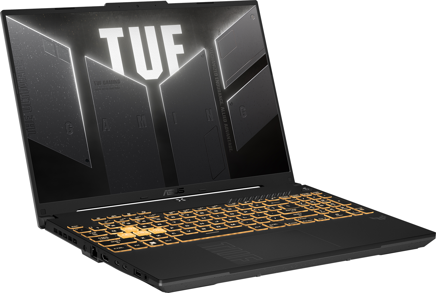 Fekete laptop sárga világító billentyűzettel és TUF logóval a képernyőn.