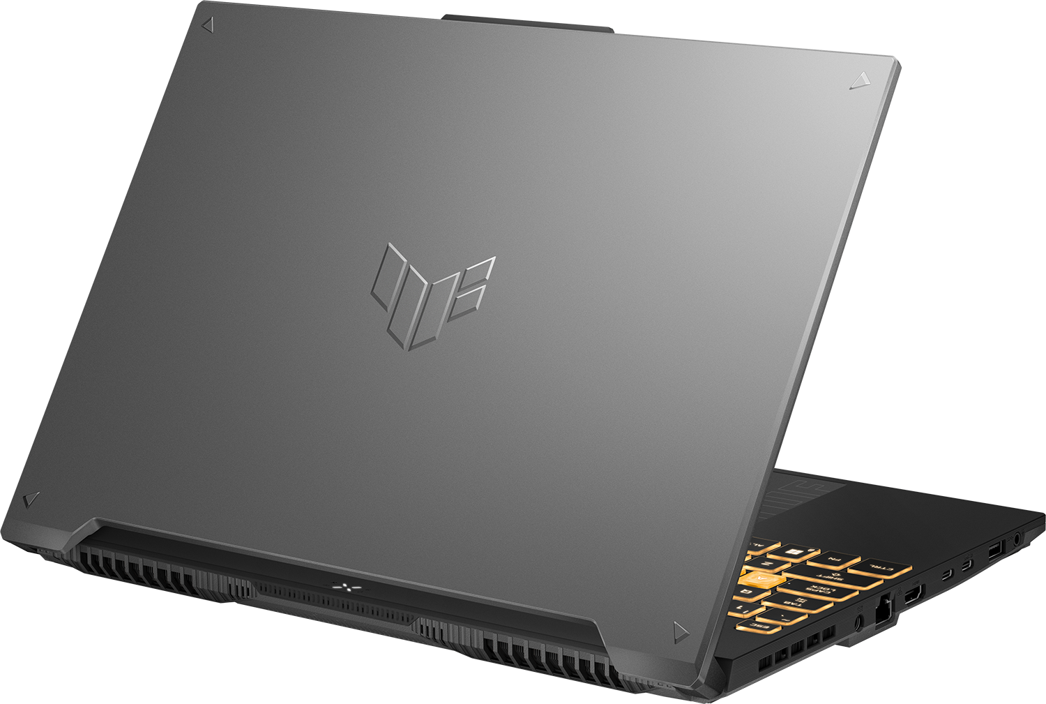 Zárt, szürke laptop világító billentyűzettel és logóval.