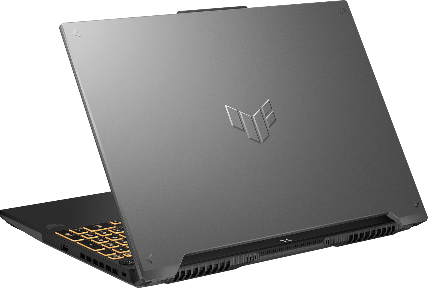 Egy sötétszürke laptop nyitva van egy szögben, felfedve izzó narancssárga billentyűzetét. Egy ezüst logó van a fedelén.