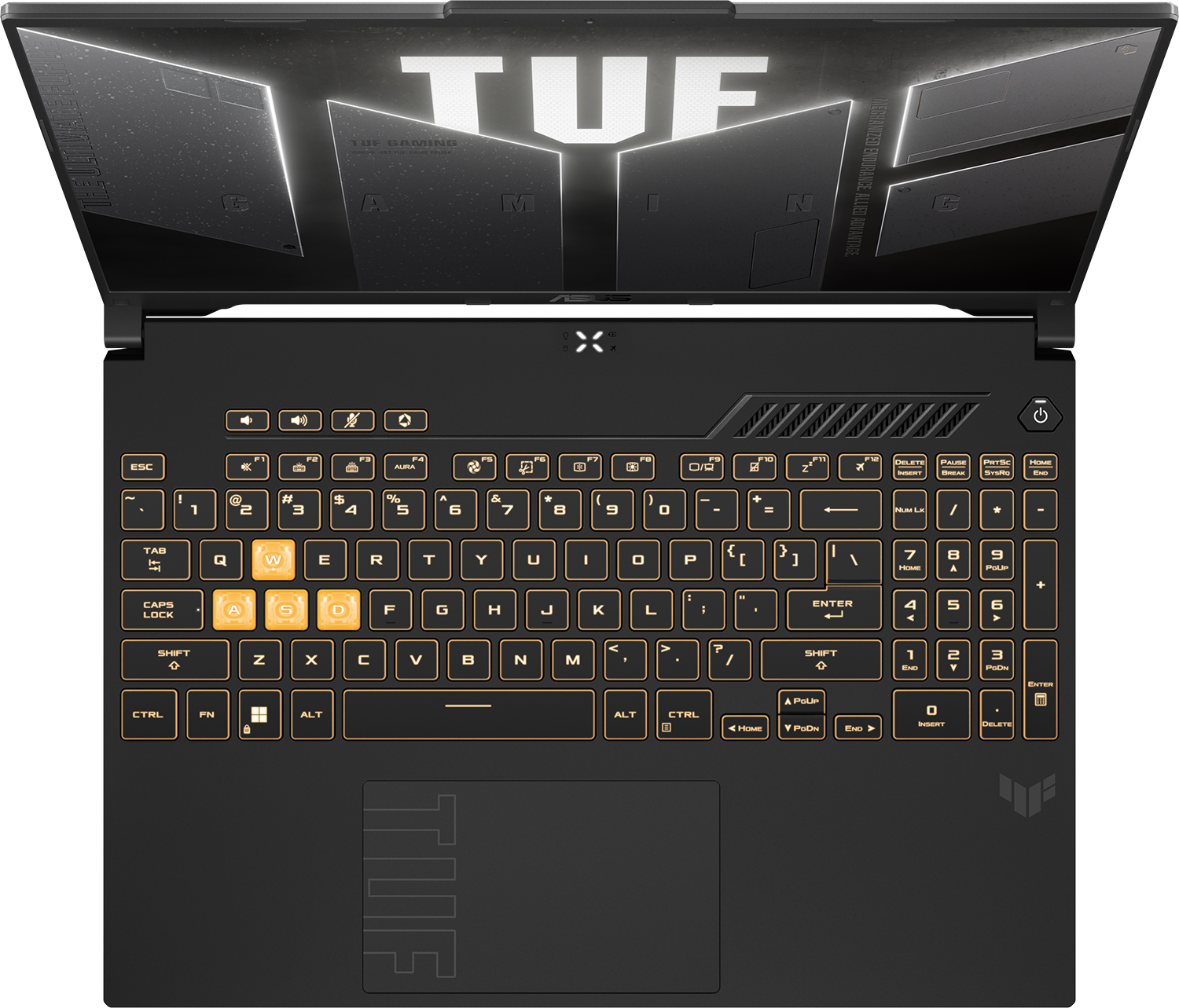 Egy nyitott fekete laptop világító billentyűzettel és TUF logóval a képernyőn.