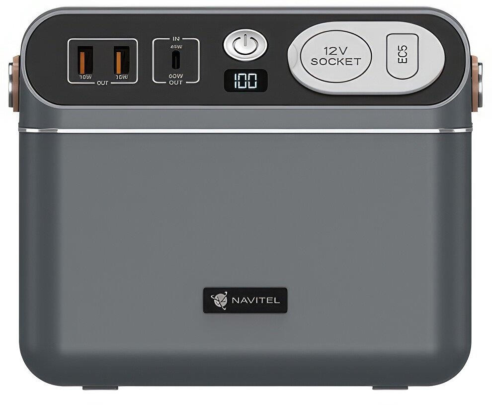 Szara stacja zasilania z portami USB, gniazdem 12V i wyświetlaczem cyfrowym.