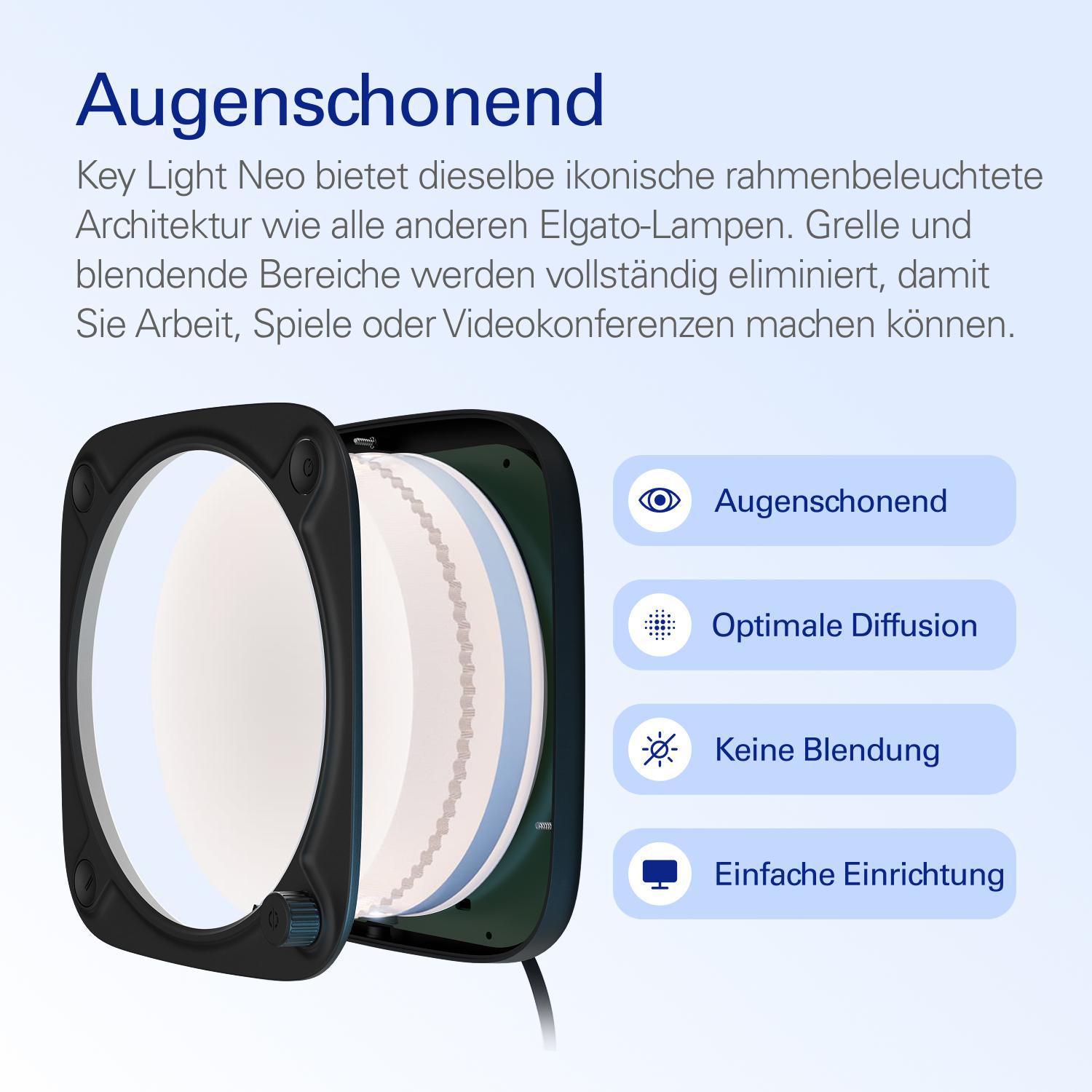 Ein Elgato Key Light Neo mit Infoboxen: Augenschonend, Diffusion, blendfrei.