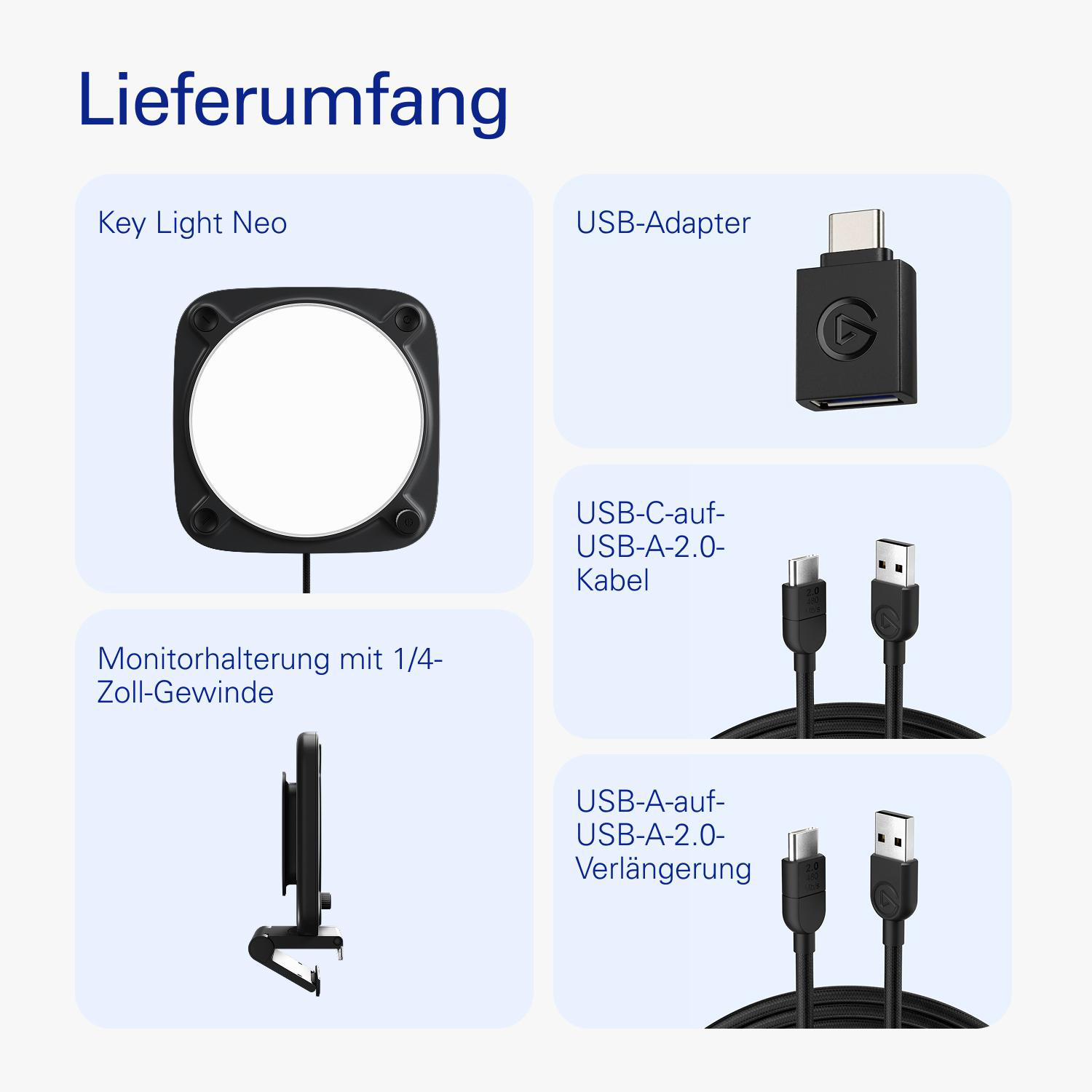 Lieferumfang: Key Light Neo, USB-Adapter, USB-C-zu-USB-A-Kabel, Monitorhalterung.