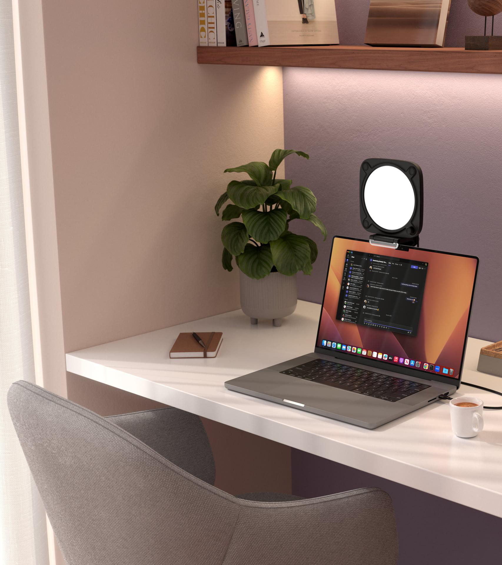Ein Laptop mit einer Videokonferenz auf einem Schreibtisch mit einer Pflanze und Kaffee.