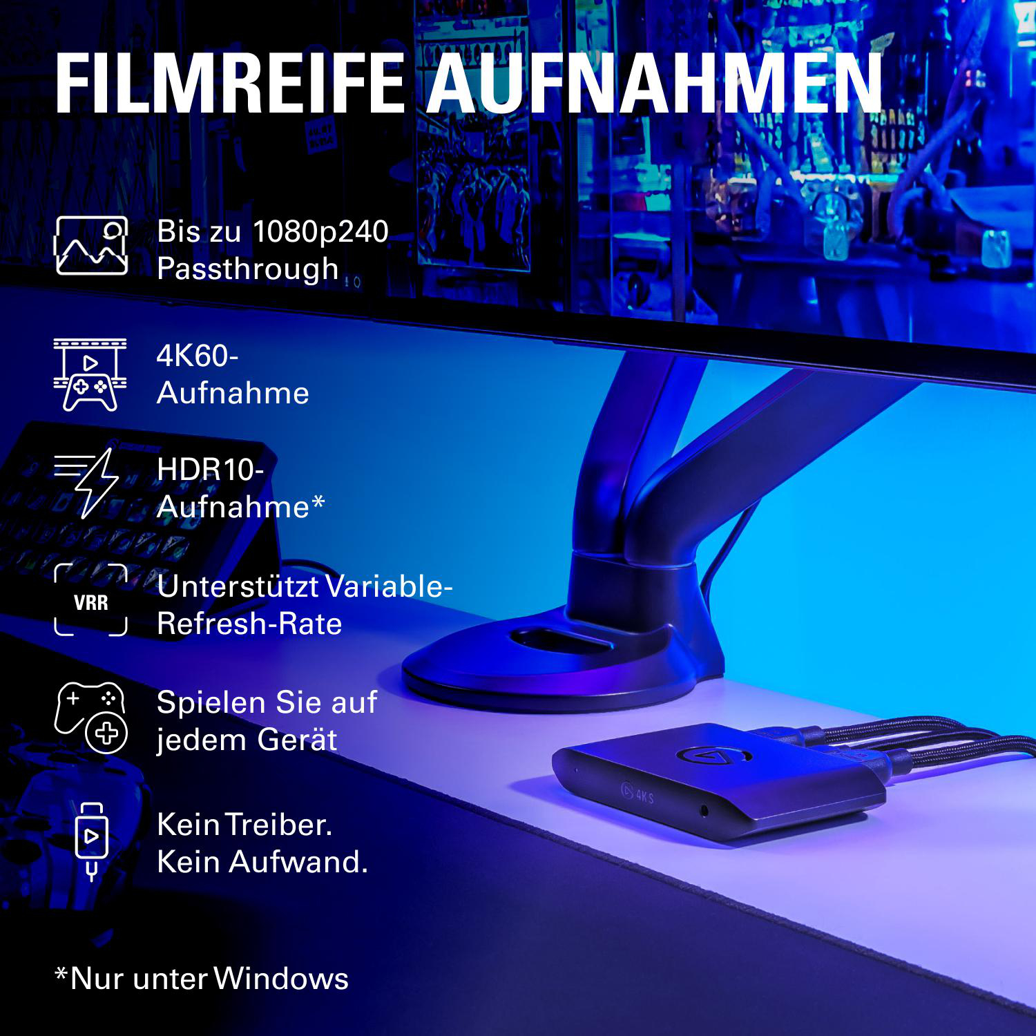 Produktanzeige mit technischen Spezifikationen für Aufnahmen und Spiele.
