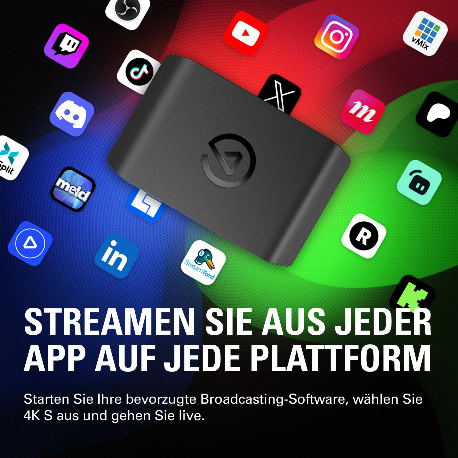 Ein schwarzes Streaming-Gerät umgeben von App-Logos auf buntem Hintergrund.