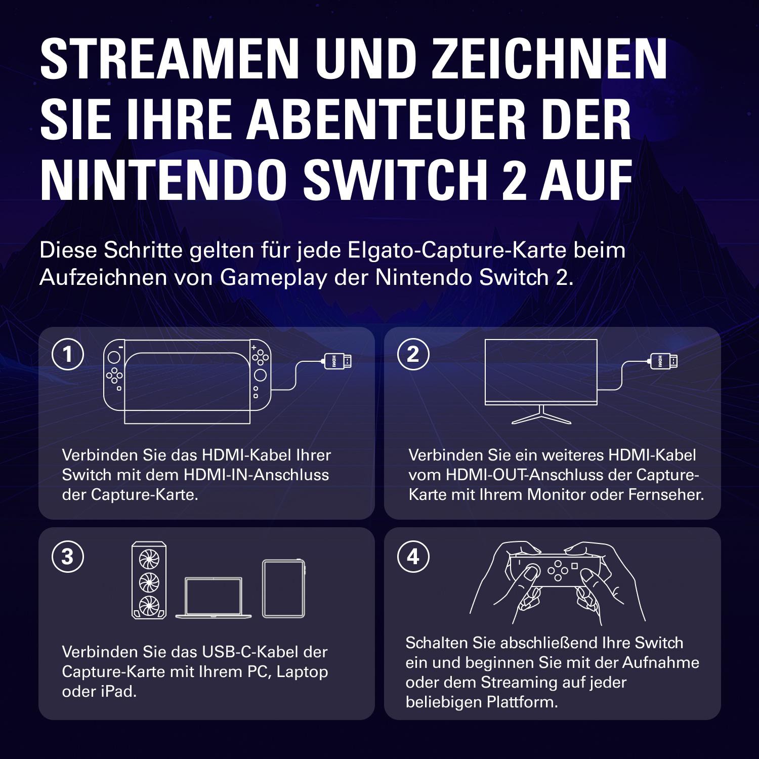 Anleitung zur Aufnahme von Nintendo Switch 2 Gameplay mit einer Elgato Capture Card.