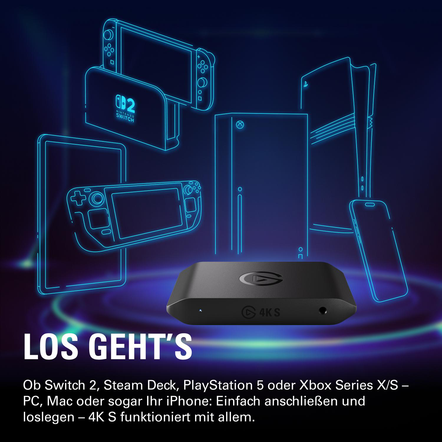 Eine schwarze 4K S-Box mit blauen Neonumrissen von Konsolen.