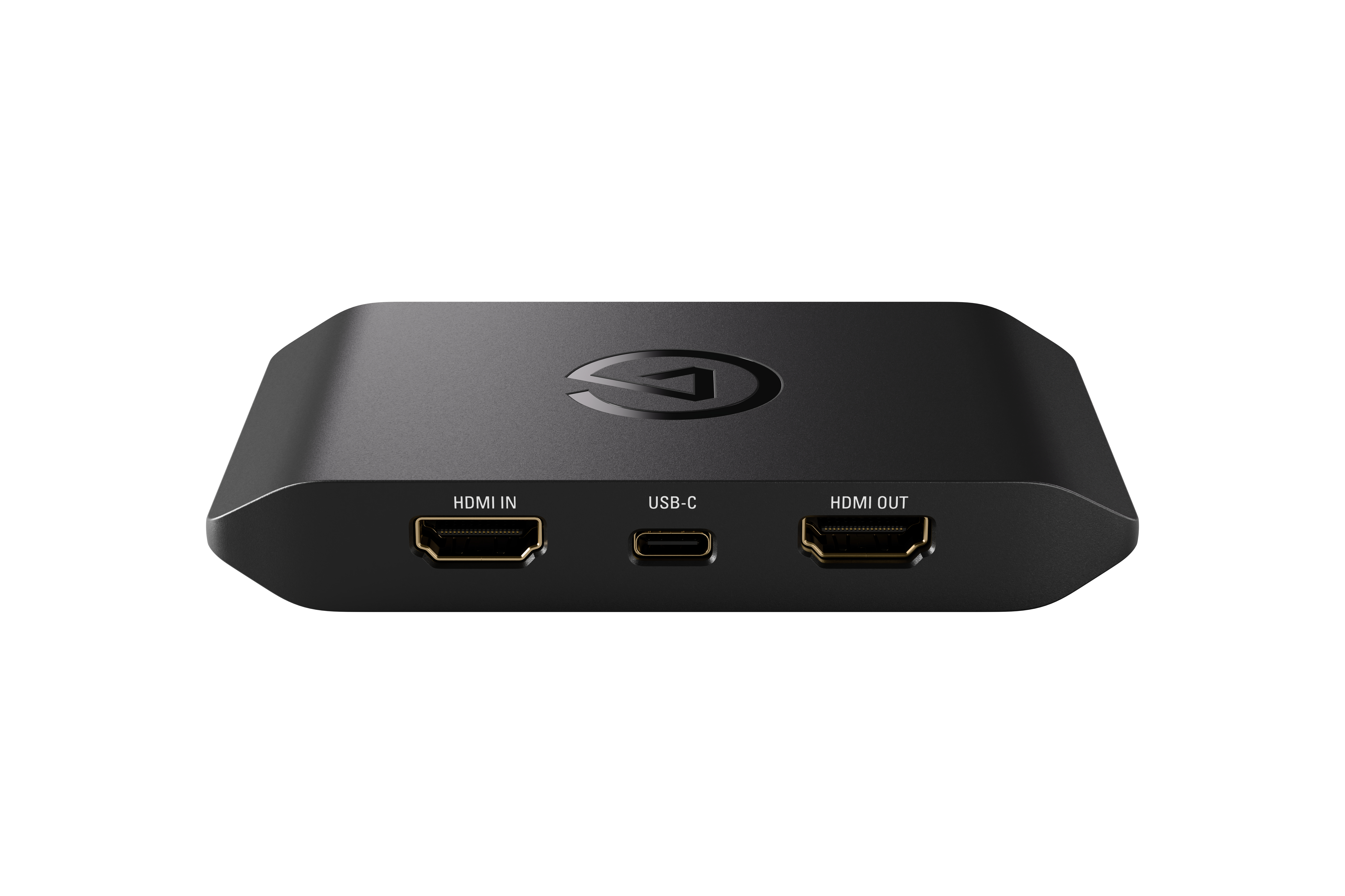 Schwarzer HDMI-Capture-Dongle mit HDMI-In, USB-C und HDMI-Out-Anschlüssen.
