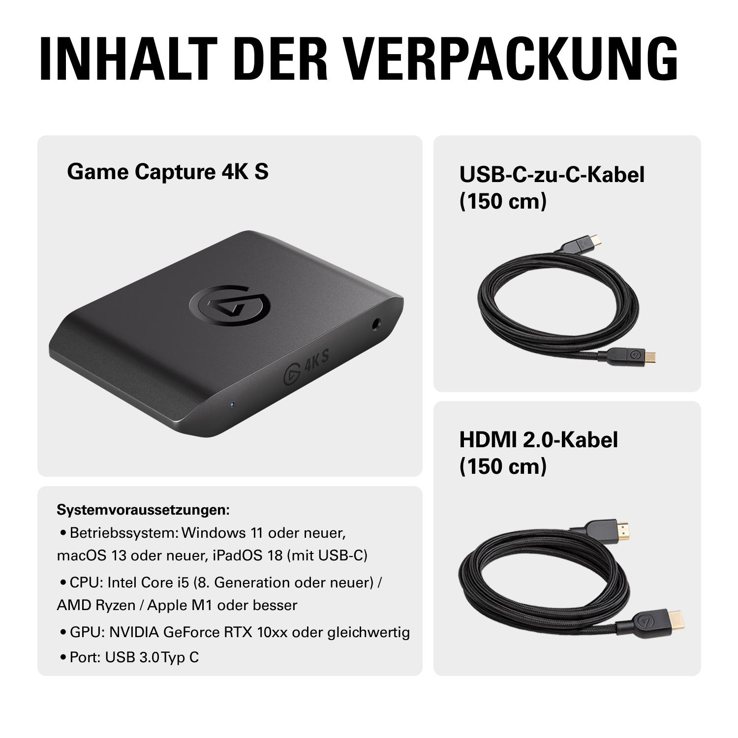 Inhalt der Verpackung: Game Capture 4K S, USB-C und HDMI Kabel.