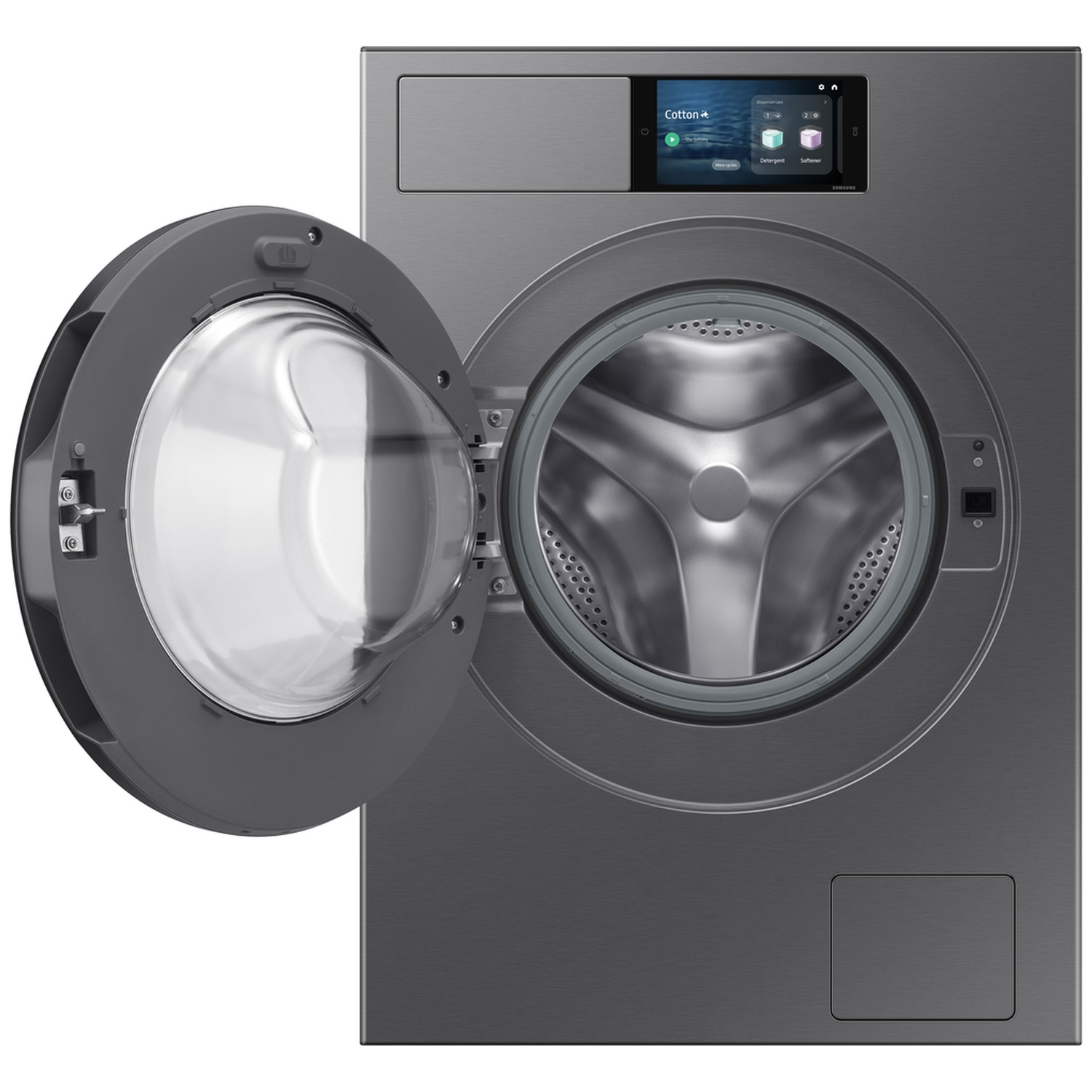 Grijze wasmachine met open deur en digitaal display.