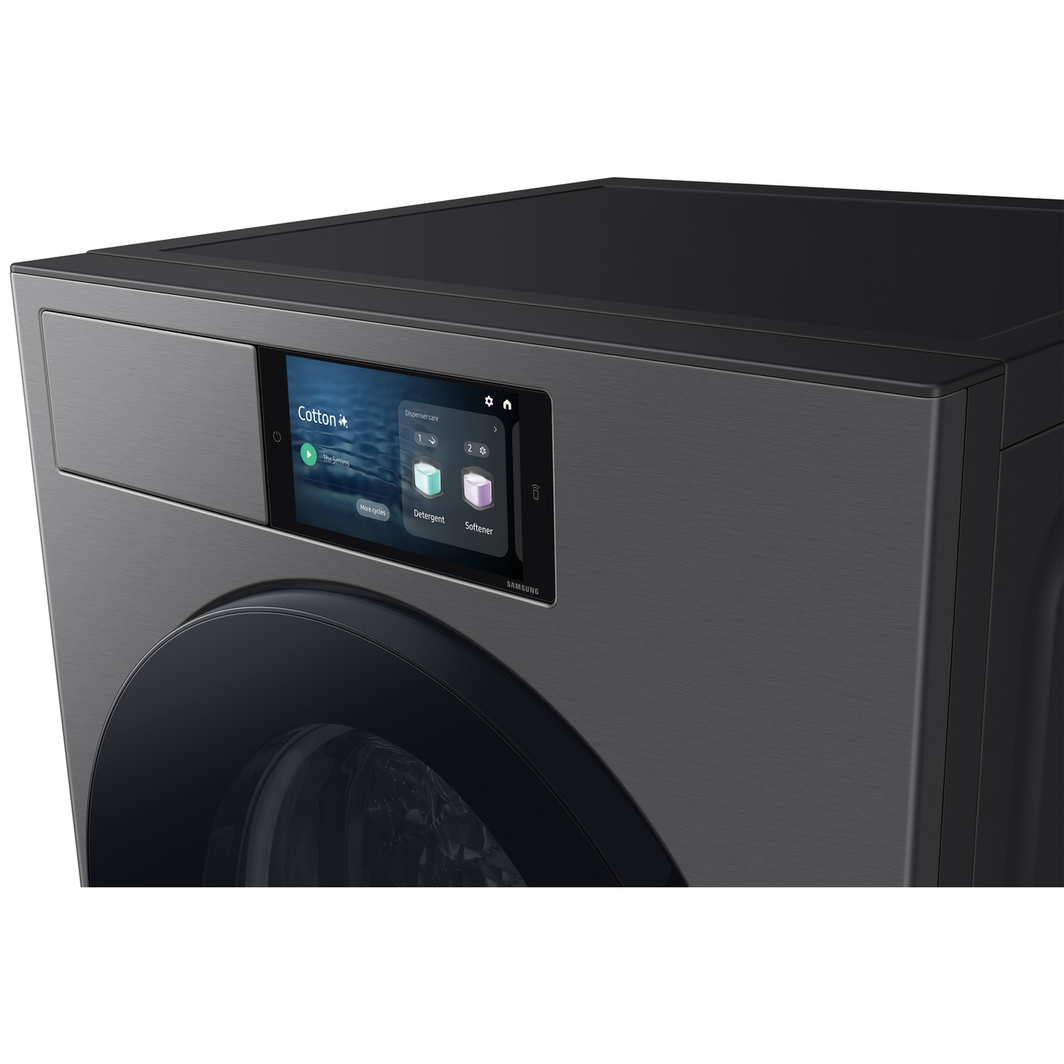 Een donkergrijze wasmachine met een touchscreen waarop de 'Katoen' cyclusopties worden weergegeven.