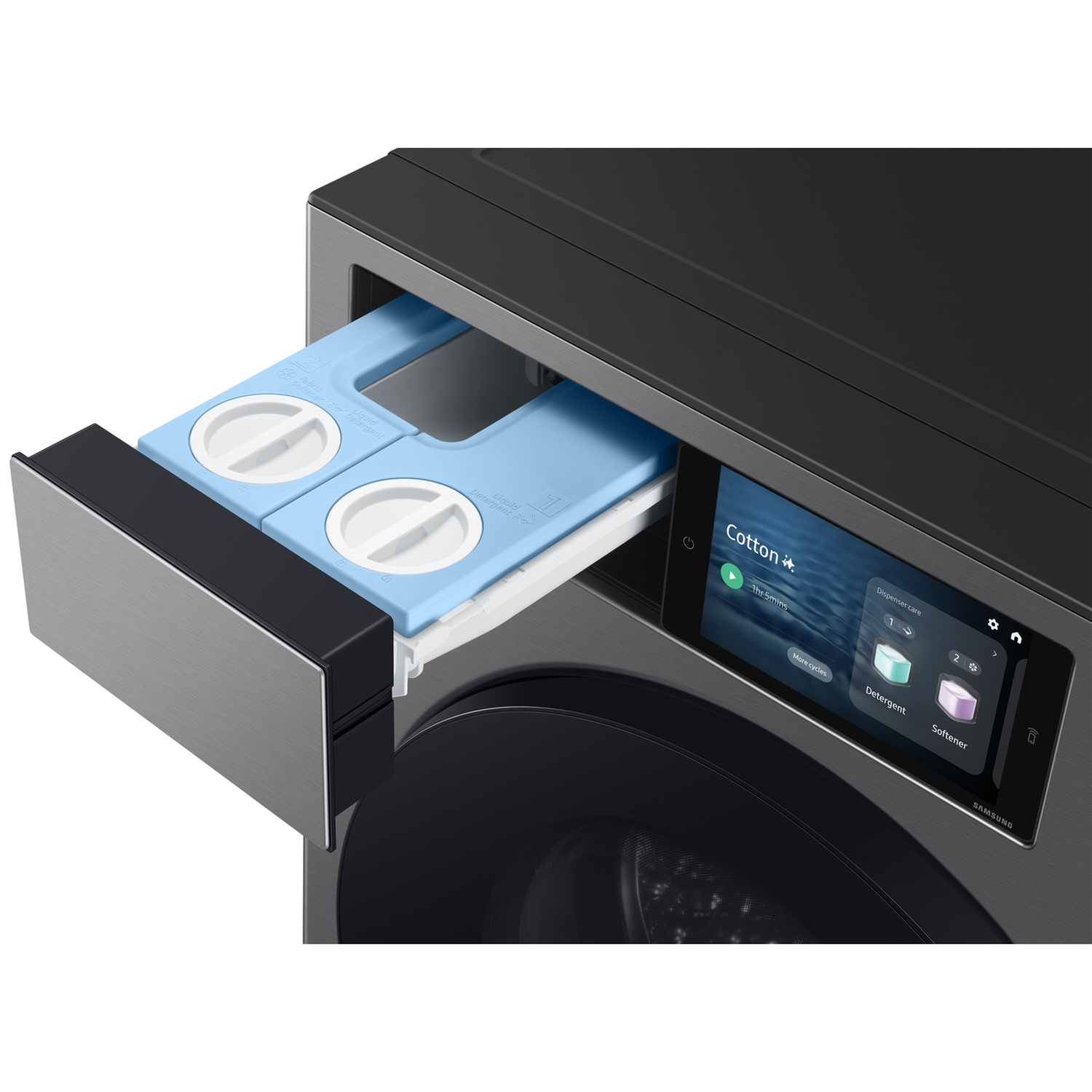 Een wasmachine met de lade voor wasmiddel en wasverzachter uitgetrokken.