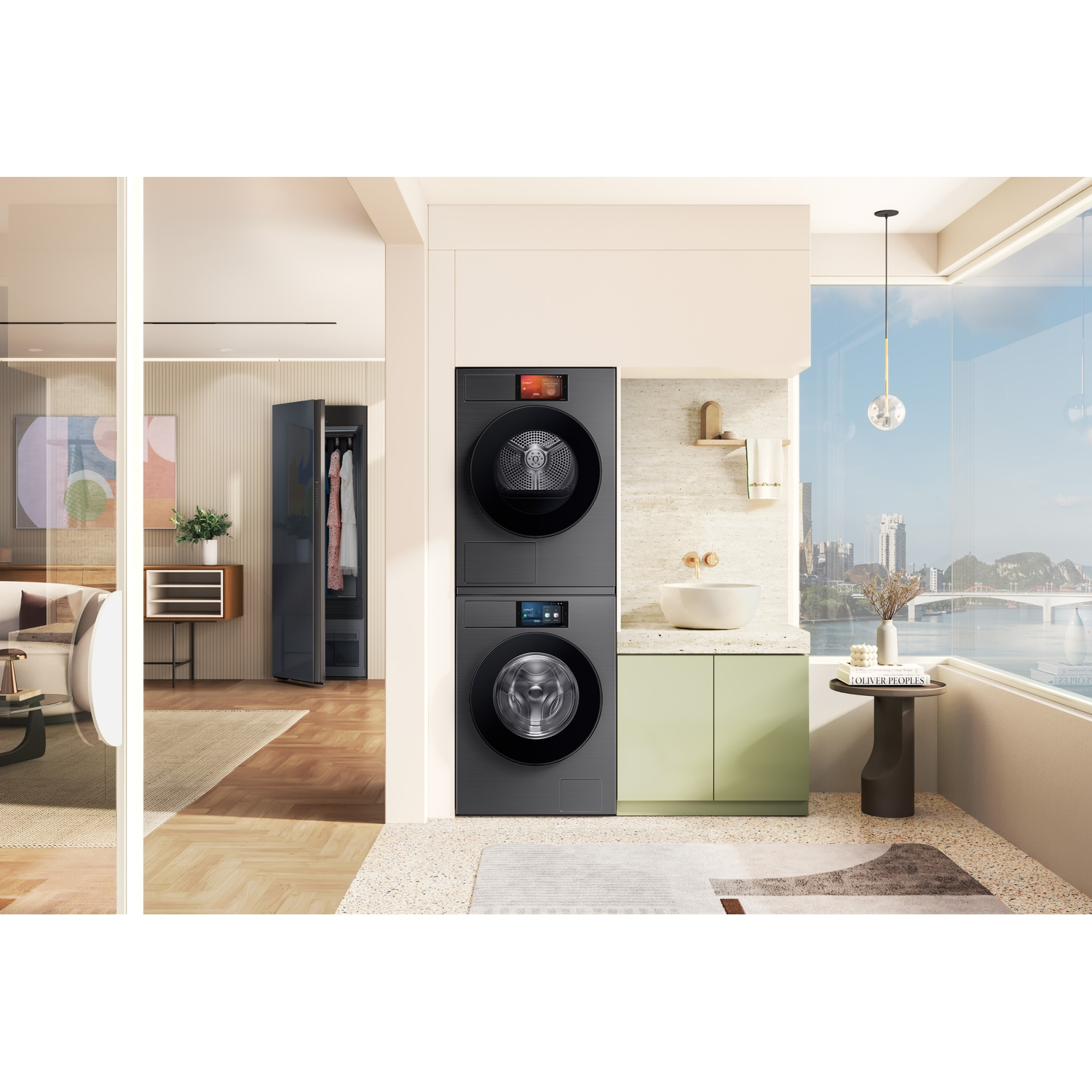 Een moderne wasruimte met wasmachine, droger en wastafel.