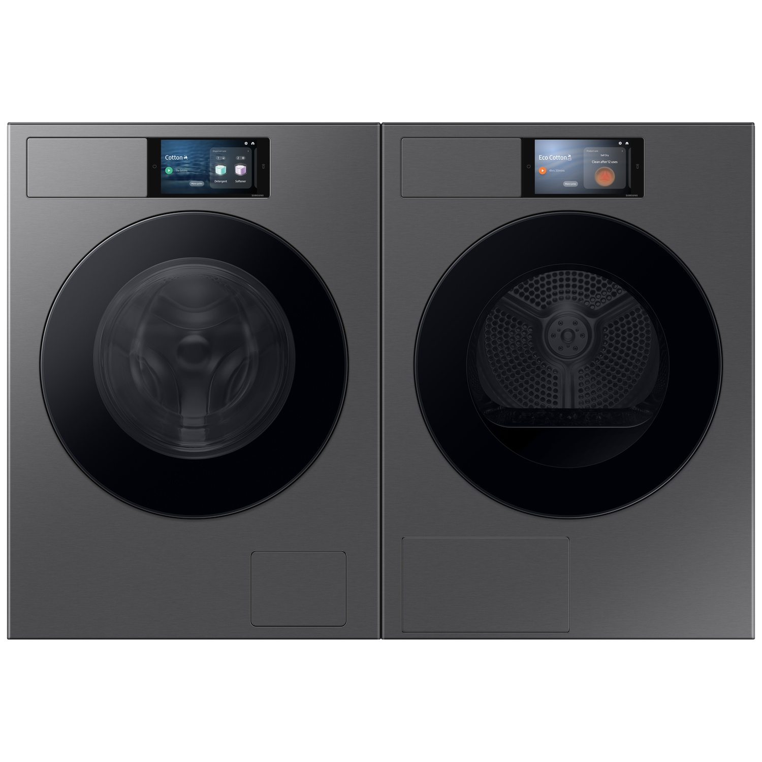 Two adjacent dark grey washers/dryers with touchscreen control panels.