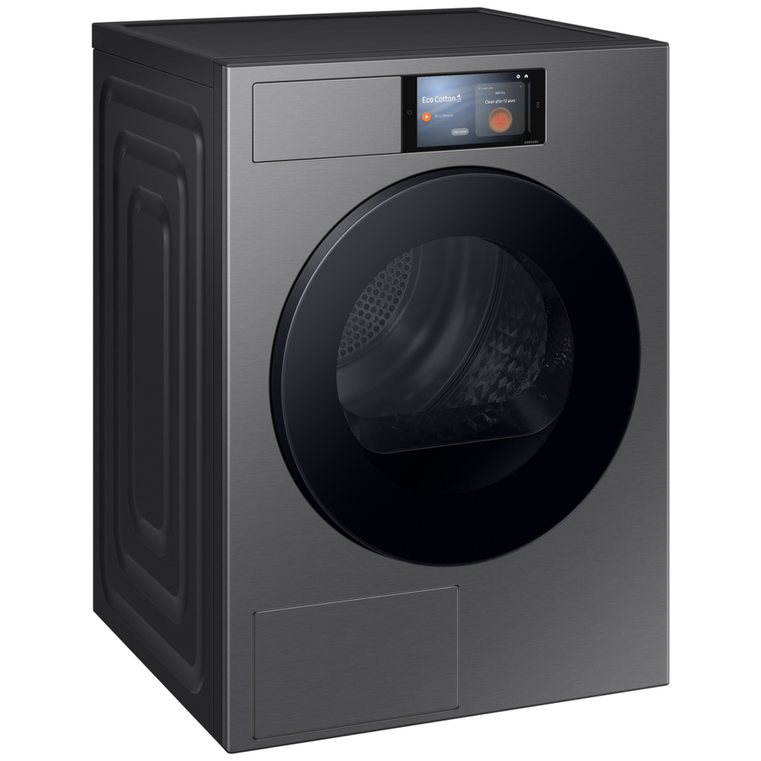 A modern, dark dryer with a round door and a touchscreen display.