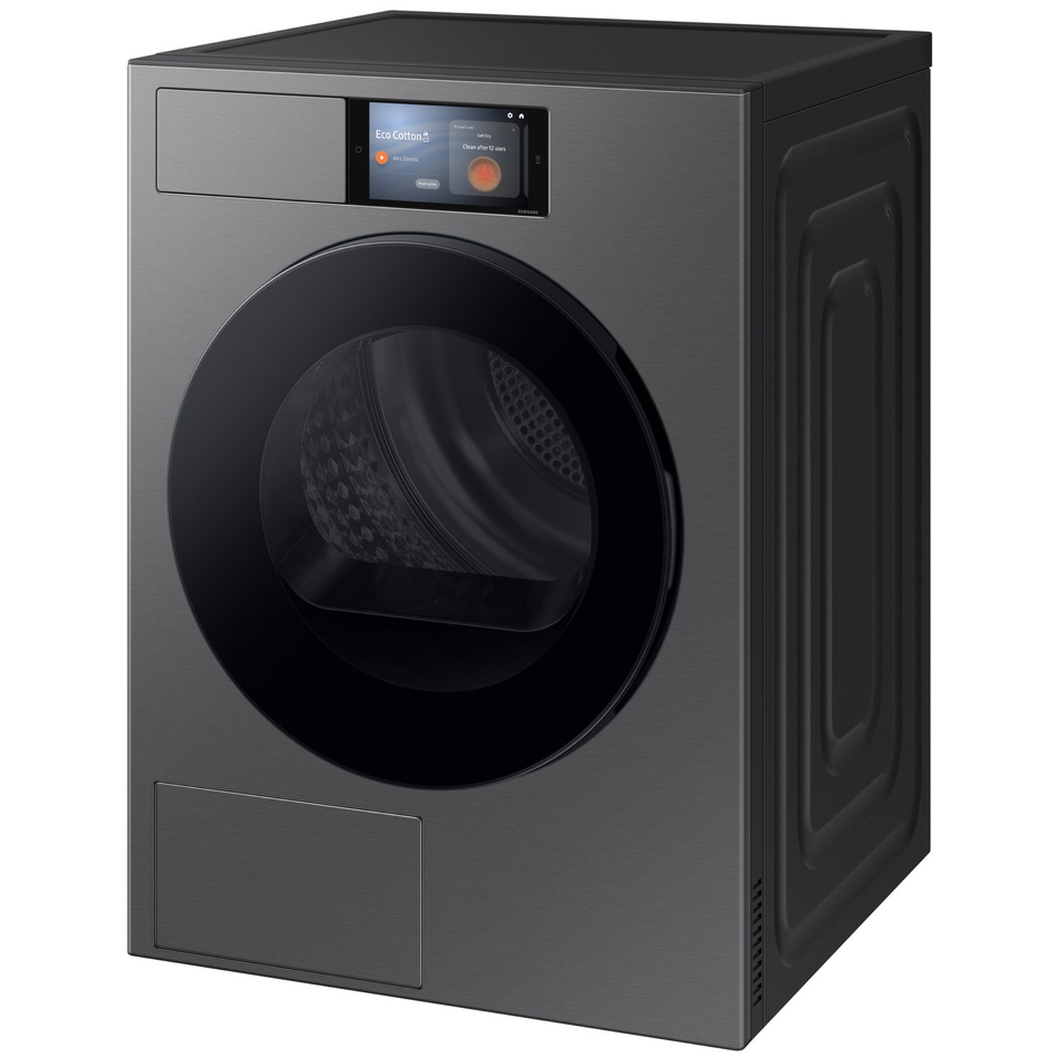 Dark gray dryer with touchscreen display and round door.