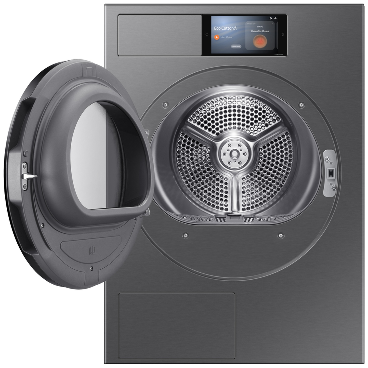 Gray clothes dryer with open door and touchscreen display.