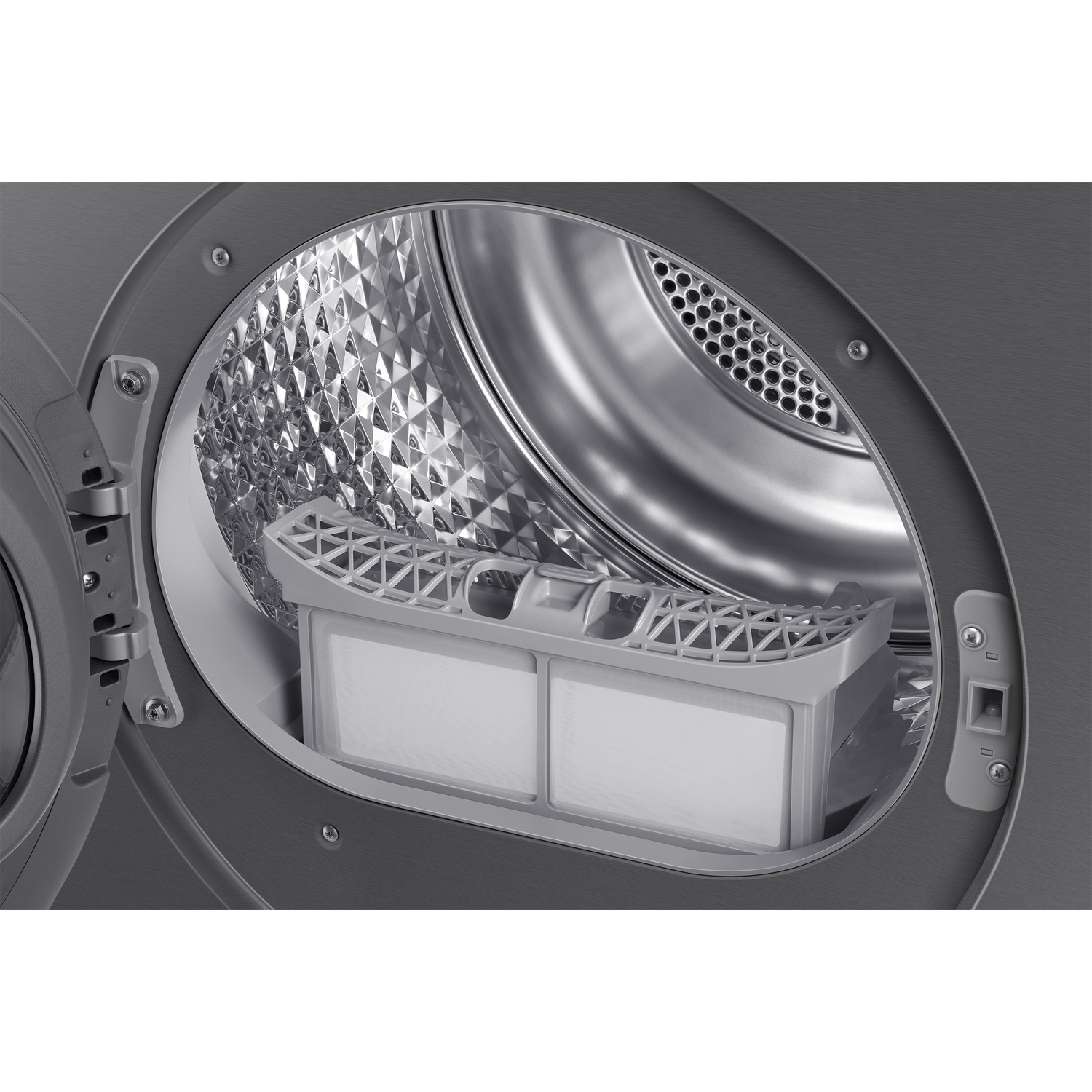 A lint filter with a white filter inside a gray dryer drum.